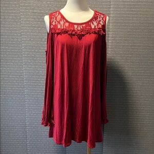 Red Lace Long Sleeve Cold Shoulder Swing Tunic Top